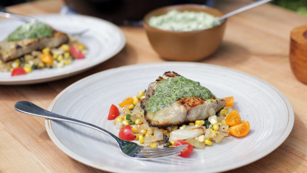 Grilled striped bass with corn succotash
